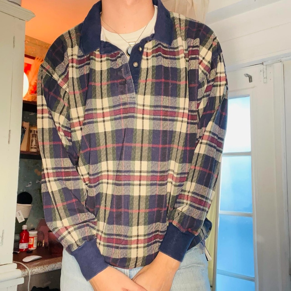 Source Unknown Navy Blue Cream Plaid Crewneck Sweater